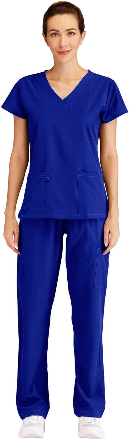 Minty Mint Women's V Neck Solid Stretch Medical Scrub Set Royal Blue L