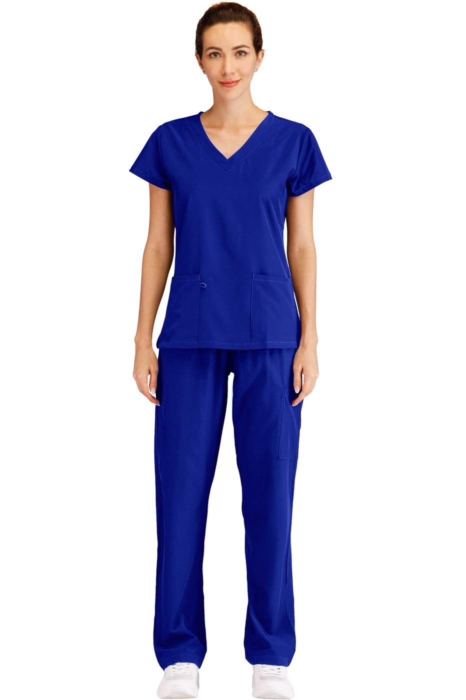 Minty Mint Women's V Neck Solid Stretch Medical Scrub Set Royal Blue L
