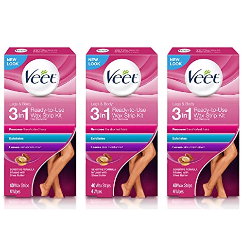 Hair Removal Wax Strips- VEET Easy- Gelwax Technology, Sensitive Formula Ready-to-Use Hair Remover Wax Strip Kit with Shea Butter, 40 wax strips with 4 wipes (Pack of 3)