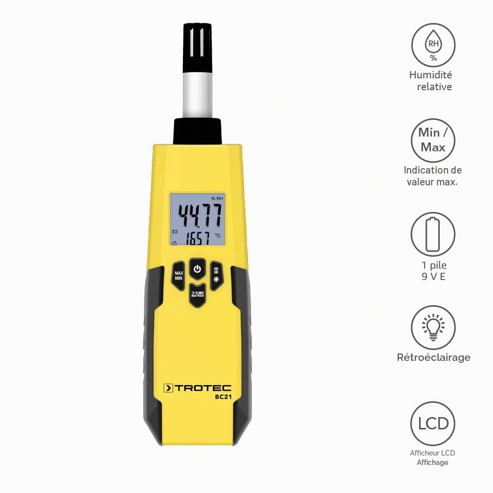 TROTEC BC21 – Hygromètre numérique avec mesure du point de rosée, température, humidité et bulbe humide – Sonde robuste en acier