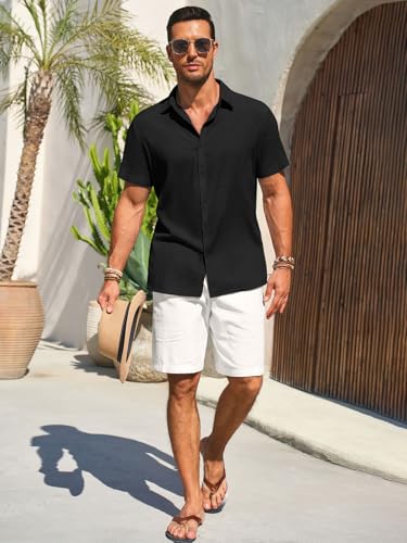 Runcati Mens Button Down Shirts Casual Short Sleeve Beach Shirt Summer Cotton Linen Lightweight Hippie Tops4