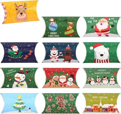 SULOLI 12 Piezas Cajas de Regalo Navidad，Cajas Regalo Almohada de Navidad，Regalo de Almohada de Cartulina Navideñas para Azúcar de Muleta，Galletas，Chuches