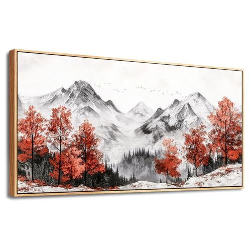 PHAOHUAXM Large Canva Wall Decor For Living Room Wood Framed Wall Art For Bedroom Office Murals Red Tree Ink-Wash Mountain Landscape Painting Pictures Modern Restaurant Room Home Decoration 30"X60"
