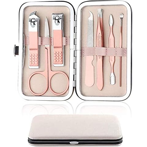 Nail Clipper Manicure Set, 7 In 1 Stainless Steel Professional Pedicure Kit Nail Scissors Grooming Kit with Black PU Leather Case for Travel & Home Use (Pink Leather) Cover