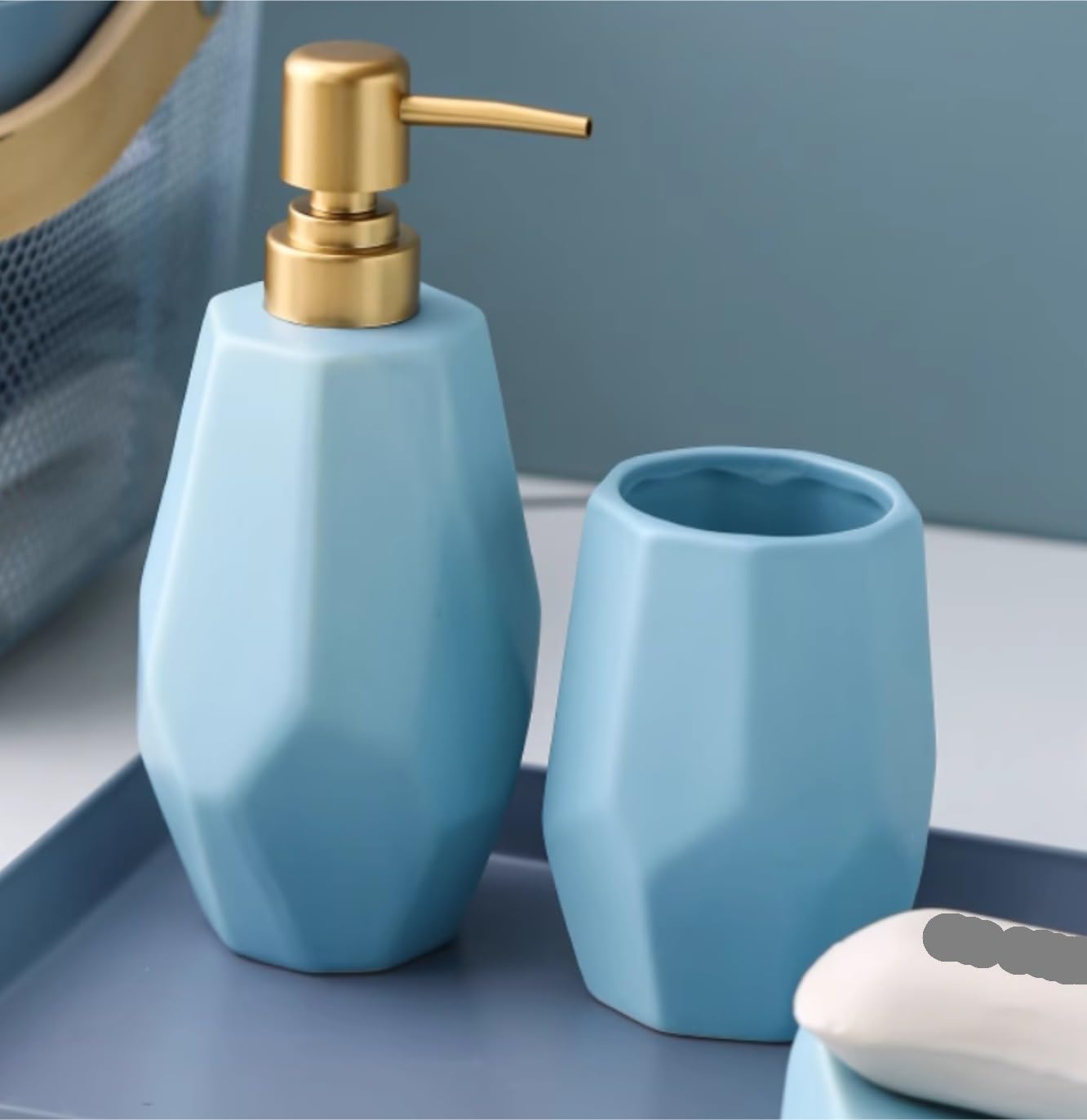 Zestaw Łazienkowy 6-pakowy Zestaw Akcesoriów Łazienkowych Ceramiczne Przybory Toaletowe Akcesoria Łazienkowe Butelka Na Balsam Mydelniczka Wystrój Pojemniki(Blue)