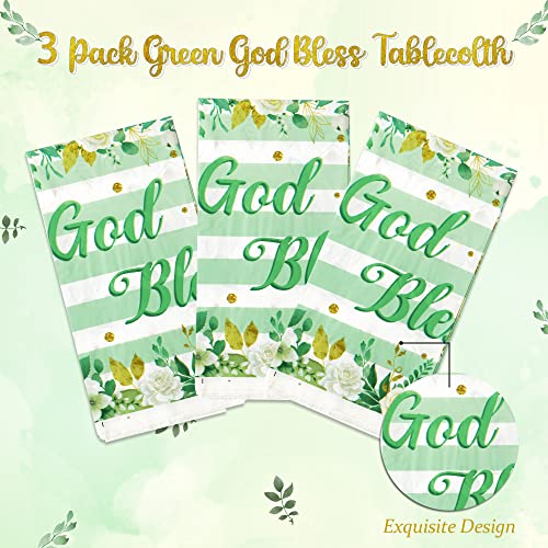 Image of God Bless Baptism Tablecloth - 3-Pack Green Baptism Table Cover Christmas Winter Xmas New Year Party God Bless Cross Religious Waterproof Rectangle First Communion Baby Shower(54x108 Inch)