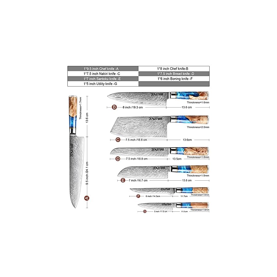 XT XITUO Kitchen Chef Knife Set 7 Piece, Chef Knife, 8'' Bread Knife, 7''Santoku knife Damascus Steel-VG10 Blue Resin Wood Handle -Gift Box - w/knife Sheath (7PC Chef Knife Set)