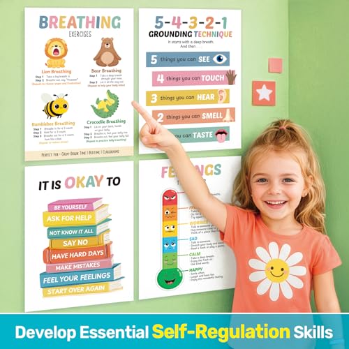 Image of DECOWALL 12 Calming Corner Poster Stickers for Kids - Peel and Stick Emotions, Feelings Wheel, Breathing & Coping Skills Wall Charts for Classroom & Home Decor, Removable (PS12-02)
