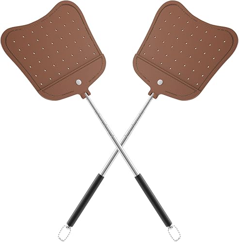 Miniatura 1 de Foxany Matamoscas telescópico resistente, matamoscas de cuero con mango largo extensible, matamoscas manual flexible para interiores y exteriores,