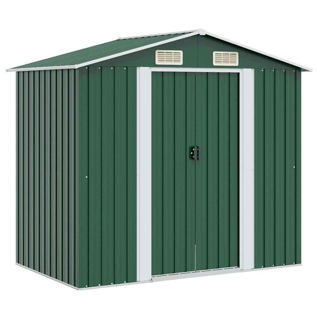 Aufbewahrungsschuppen aus Metall, 204 x 132 x 186 cm, für Garten, Aufbewahrungsschuppen mit 4 Belüftungsöffnungen, Doppelschiebetüren, Konstruktion aus verzinktem Stahl, robust