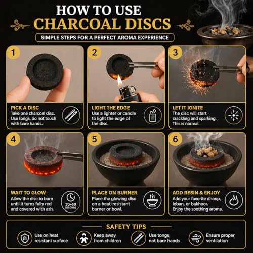 Image of Coal for Dhoop - Odourless Charcoal Discs 33mm for Dhoop & Bakhoor Burning - Quick Light, 45+ Min Burn - Pack of 5 Rolls (50 Discs)