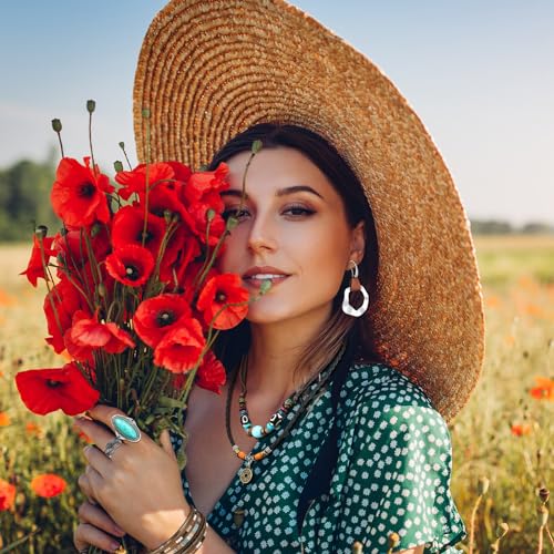 Image of Ecally Bohemian Western Jewelry Turquoise Set Women Country Pendant Long Choker Layered Bracelets Earrings Ring for Women
