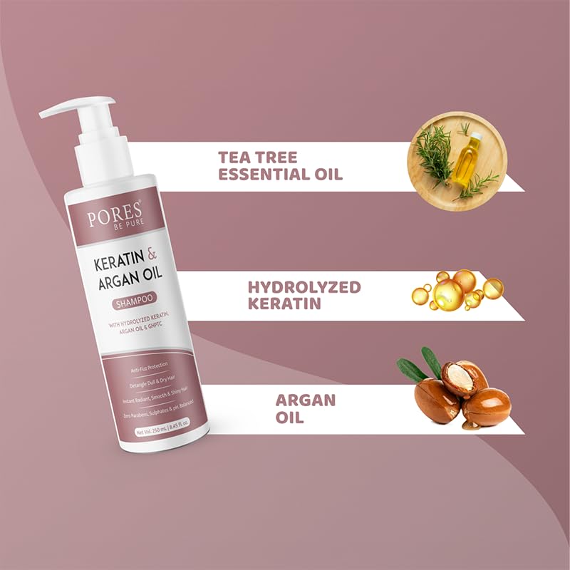 Image of PORES BE PURE Keratin & Argan Oil Shampoo and Conditioner Combo | Nourishes Hair & Repairs Dry, Damaged Hair | For Men & Women | Salon‑Like Hair: Straight, Shiny & Smooth | Paraben & Sulfate Free - ( 250 ml X 2 )