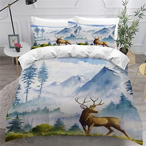 Housse de Couette 140x200cm Enfant Parure de Lit Cerf Montagne forêt Douce Housse Couette Ado Garçon Fille 1 Personne, 2 Taies d'Oreillers 50x75cm Multicolore Cover