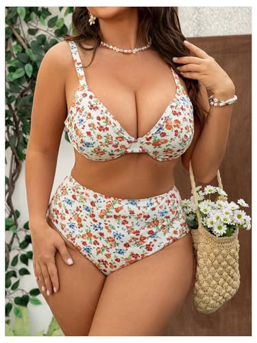 SOLY HUX Women's Plus Size Swimsuit Floral Print V Neck High Waisted Bikini Set Two Piece Bathing Suit4
