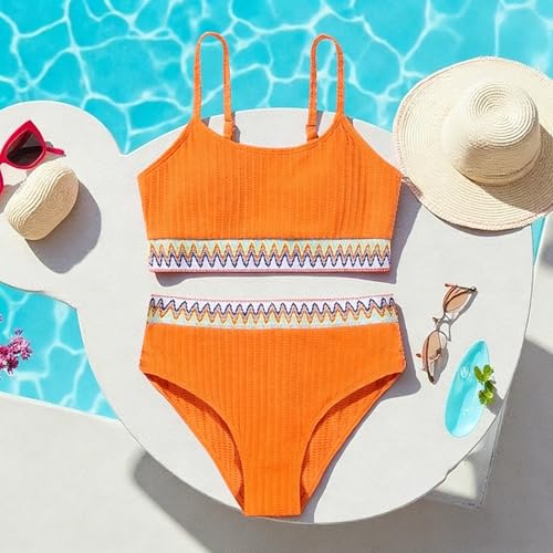 Image of Girls Swimsuit Two Piece Teen Bathing Suit High Waist Textured Bikini Set Woven Girls Swimwear 9-16Y