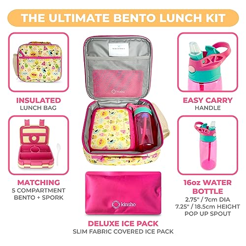 Image of Bento Lunch Box with Insulated Bag, Water Bottle Ice Pack Set for Kids Toddlers, 5 Portion Sections, BPA Free Removable Tray, Pre-School Kid Toddler Daycare Lunches, Snack Container, Summer Set