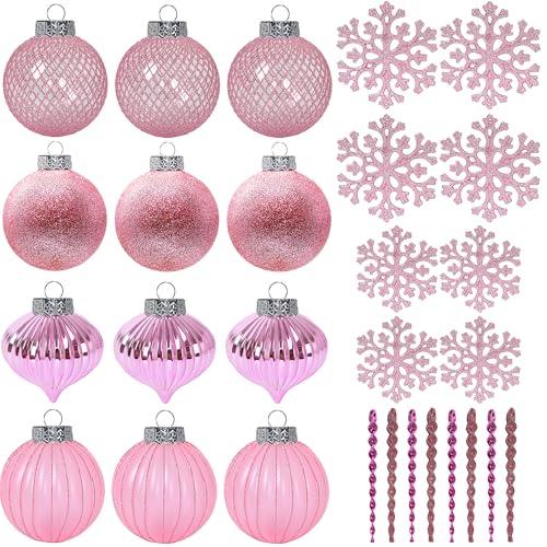 SLEETLY 28pk Pink Ornaments for Christmas Tree Holiday Xmas Decorations, Shatterproof Plastic 3.15 Balls, Icicles and Snowflakes