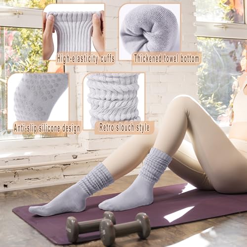 Pilates Socks with Grips for Women Long Slouch Non-Slip Yoga Barre Cushioned Workout Scrunch Socks 3 Pairs3