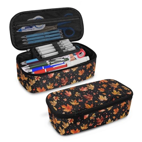 Image of Maple Leaves Kids Pencil Case for Boys Girls Large Pencil Pouch,Fall Pencil Container for 5-14 Years Children Pencil Bag for School Students Teenagers Pencil Organizer for Daily,Black