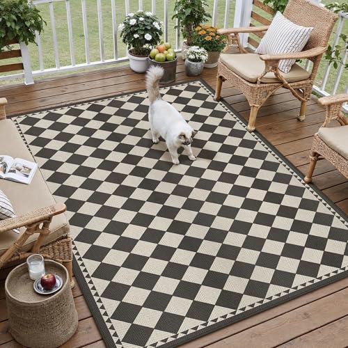 HUGEAR 5x8 Outdoor Rug Black/Beige Linen-Look Fabric Checkered Area Rug High Traffic Stain Resistant Easy Clean Durable Rugs for Indoor/Outdoor Patio Deck Balcony Porch Garden Courtyard