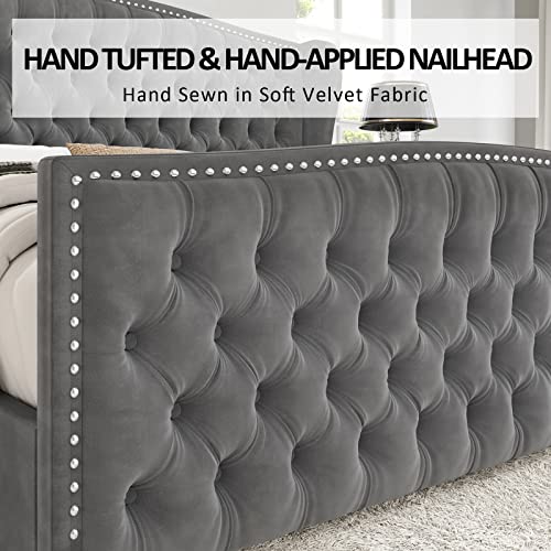 King Size Velvet Upholstered Platform Bed Frame with Wingback Headboard - Grey
