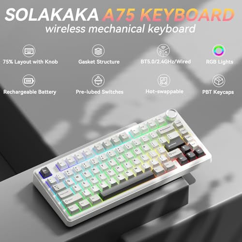 SOLAKAKA A75 75% Wireless Mechanical Keyboard, Hot Swappable Gaming Keyboard with Multifunction Knob & RGB, Gasket Mount - Additional View