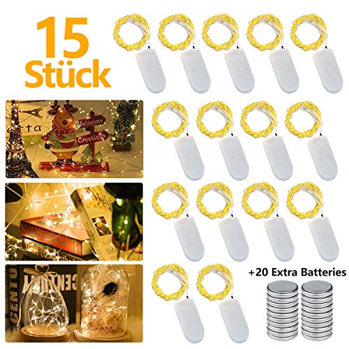 LED Lichterkette Batterie 15 Stück, JRing 2M 20LEDs Lichterketten mit 20 Extra Batterie Micro Kupfer Drahtlichterkette Weihnachten Wasserdichte String Fairy Light für Innen und Aussen Dekoration