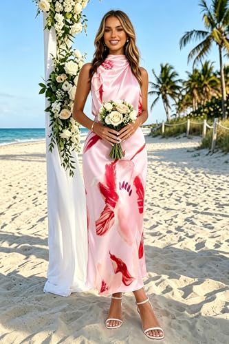 Image of Women's Satin Maxi Dress Summer Formal Wedding Guest Cocktail Dress | Mock Neck Sleeveless,Elegant Silk Midi Long Dress,High Neck,Halter,Aline,Bridesmaid,Bridal Shower Guest,Garden Party,Dinner