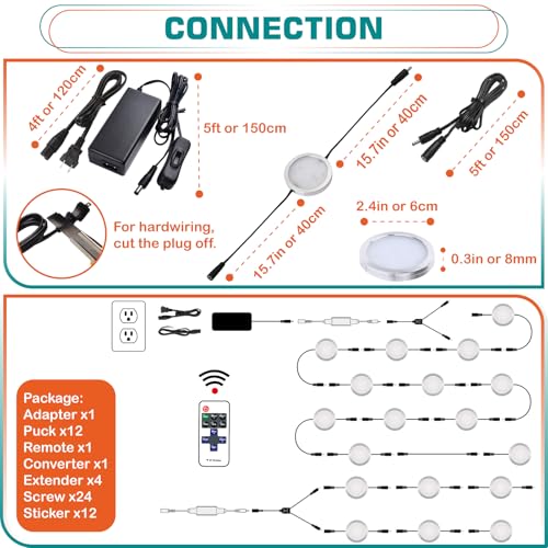 Image of Small LED Puck Lights for Uplight or Downlight, 120V Hardwired & Plug in Under Cabinet Lights Kit, RF Remote Control Dimmable, Daisy Chained Linkable, Black Wires, Daylight, 12 Lights