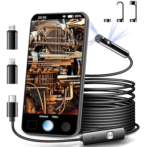 Dual Lens Endoscope Inspection Camera by AURTEC, Dual HD Lens, IP68 Waterproof, 16.5FT/5M Semi-Rigid Cable, Borescope Camera with LED Lights, Compatible with Android and iOS Devices Cover