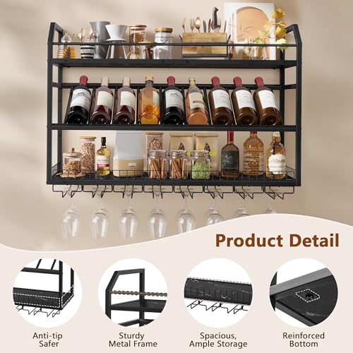 Image of Hoctieon Wall Mounted Wine Rack, 31.5 inch Wall Wine Rack for Display and Storage, Hanging Bottle Holder, for Living Room, Dining Room, Bar, Wine Cellar, Black Marbled