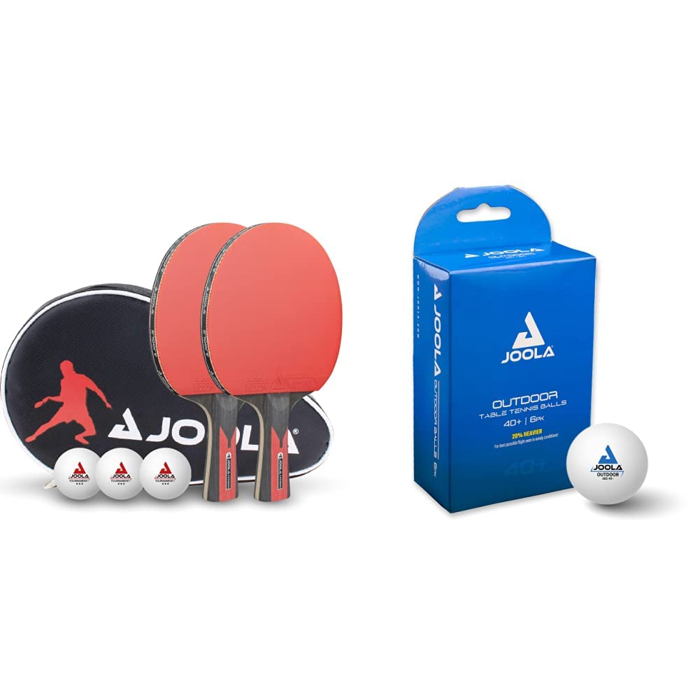 JOOLA Tischtennis Set Duo Carbon 2 Tischtennisschläger+3 Tischtennisbälle + Tischtennishülle, rot/schwarz, 6-teilig & 42183 Tischtennisbälle Outdoor 40+ mm Tischtennis-Trainings-Bälle, Weiss, 12 Stück