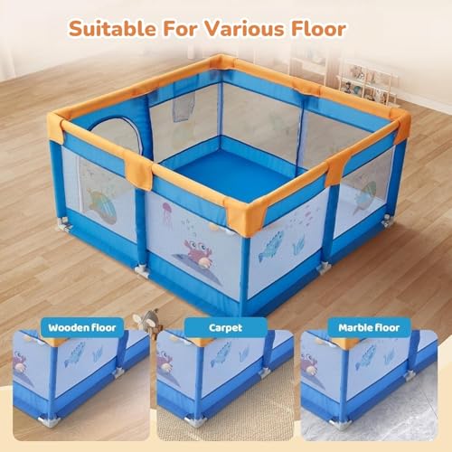 Image of Dawnwake 120x120 cm Playpen for Baby up to 3 Years with Safety Lock & Anti-Fall Grasp Rings (No Ball /No Mat, Non-Foldable) - Blue