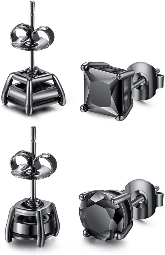 Hypoallergenic Mens Black Earrings Stainless Steel Nickel Free Jewelry for Sensitive Ears, Onyx Single Diamond 5-7mm - Image 3