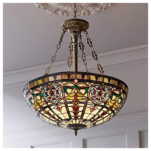 Robert Louis Tiffany Ornamental Bronze Tiffany Style Pendant Chandelier Lighting 24" Wide Stained Glass Bowl 4-Light Fixture for Dining Room House Entryway Kitchen Bedroom Living Room High Ceilings