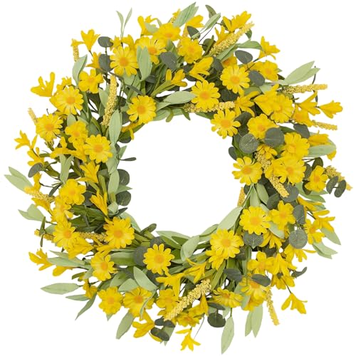 Hyndora 24 Inch Yellow Daisy Wreath, Artificial Spring Summer Wreath
