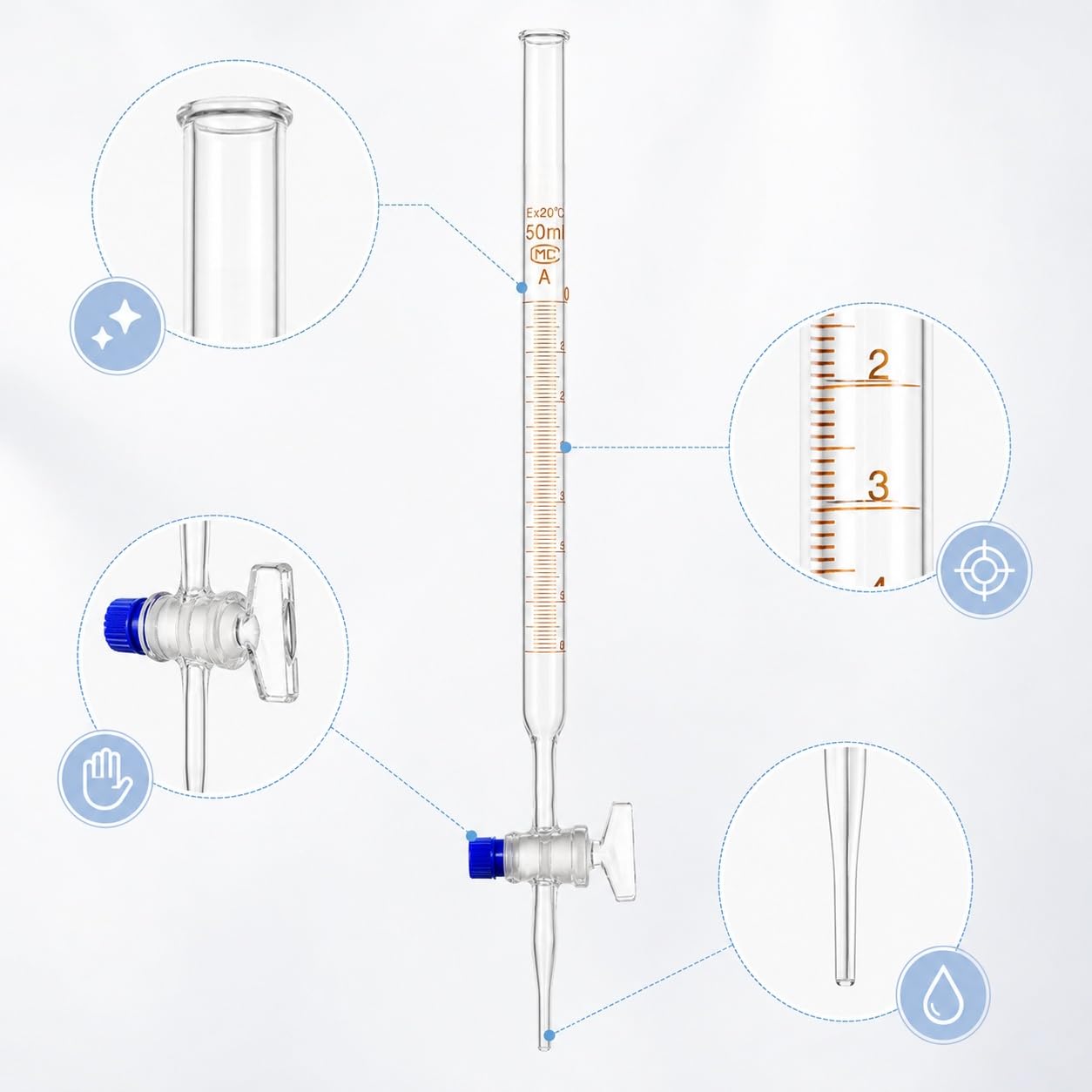 Saure Labor-Volumenbürette mit Glasküken-Ventil-250mL | Vielseitiges Quantitatives Labor-Glasgerät für Chemielabor und Analyse