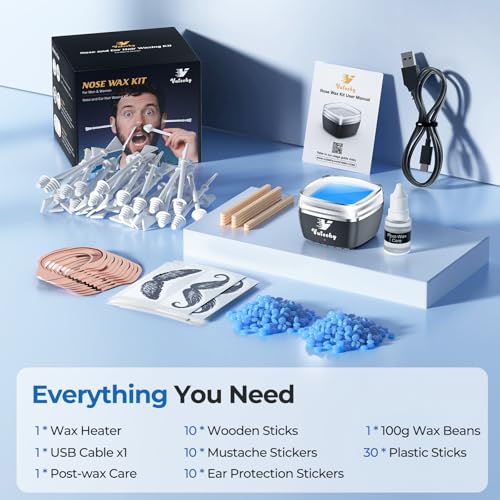 Image of Nose Wax Kit Men, Nose Ear Hair Removal Kit for Men Women, 40 Sticks, 100g Wax, USB Fast Heat, Smart Constant Temp, Painless Hair Removal Waxing Kit for Nose Ears Eyebrow Lip Facial, Blue