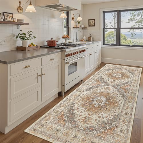 Madane Hallway Runner Rug 4x8 Wide: Washable Thin Runners for Hallways Entry, Non Slip Soft Vintage Kitchen Rugs Low Pile Carpet Runners for Living Room Bedroom Dining Room Foyer (Turmeric/Grey,4x8)