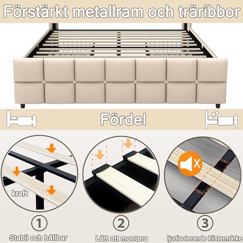 XMETPR Doppelbett mit Polster 140x200 cm, Funktionales Bettgestell mit 4 Schubladen & LED-Beleuchtung & 2 USB- & 2 AC-Ladestationen, Holzlattenrost, Leinenbezug, Plattformbett, geräuschfrei, beige