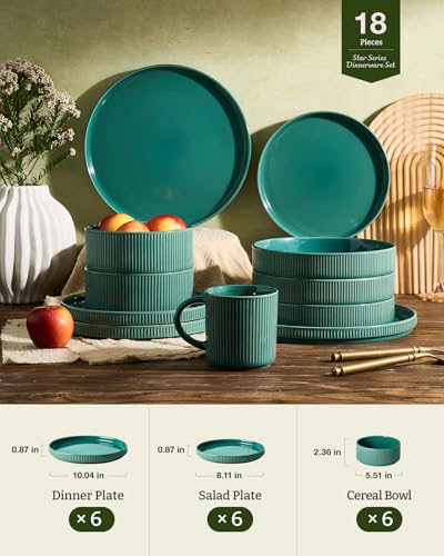Image of Famiware Stoneware Dishes Dinnerware Sets for 6, Ribbed Plates and Bowls | 18-Piece Ceramic Dinner Set with Lipped Edges, Chip & Scratch Resistant , Microwave & Dishwasher Safe, Daily Use, Sage Green