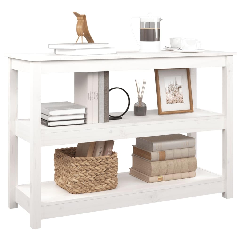 Consola clásica de madera de pino maciza con 3 estantes, mesa de pasillo para entrada como mesa de centro o mesa de TV con aspecto rústico y mucho espacio de almacenamiento