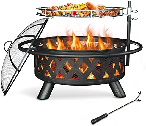 Amopatio Fire Pit for Outside, 30 Inch Large Outdoor Wood Burning Fire Pits, Patio Backyard Firepit with Steel BBQ Grill Cooking Grate, Spark Screen & Poker for Garden, Bonfire, Camping, Picnic
