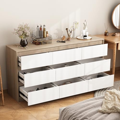 Image of Hitow 9 Drawer Dresser for Bedroom with Deep Drawers, Large Floor Wood Dressers & Chest of Drawers Handle Free, Modern Wood Color Long Dressers for Closet Living Room (63" W x 15.7" D x 31.5" H)