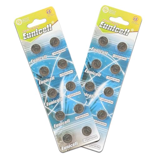 Image of Pack of 20 - LR43/AG12 Eunicell 1.5V Button Coin Cell Alkaline Batteries - Suitable for use in LED lights, Digital Voice Recorders, Toys, Blood Glucose, Cholesterol Testing, Meters, Toys