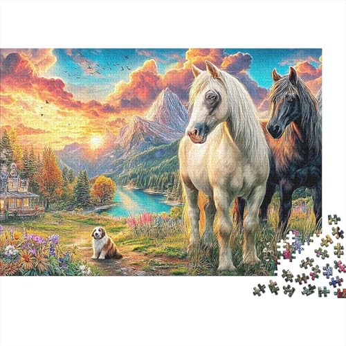 Puzzle de 1000 piezas con paisaje de montaña y caballos en cartón reciclado de 38x26 cm