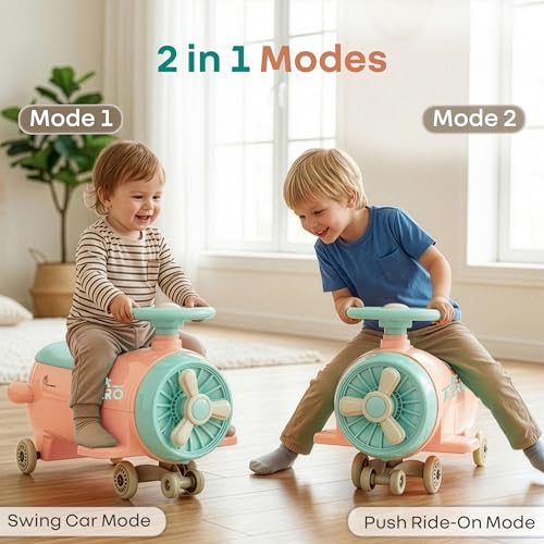 Image of R for Rabbit Iya Iya Aero Ace Swing Car for Kids, 2 in 1 Baby Ride On & Magic Toy Panda Car, ABEC7 Bearing Smooth Wheels with Storage Seat, Ideal for 2+ Years Boys & Girls, Upto 50 Kgs (Peach Green)