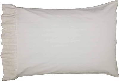 Emily Ruffled Standard Size Pillowcase, Set of 2, 21" x 27", Tone on Tone Ticking Stripe Bedding Pillow Cover in Off White Lined Fabric, Vintage Farmhouse Decor