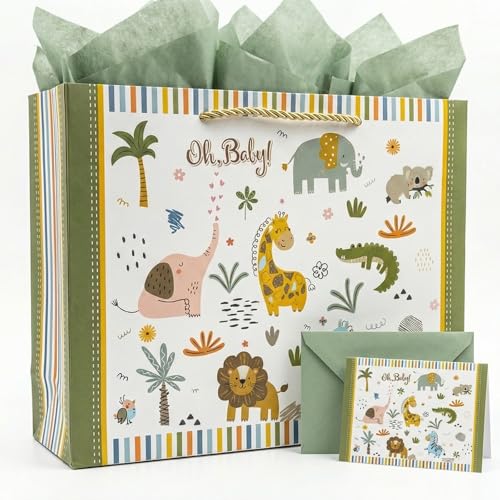 Sac cadeau bébé 13" avec animaux safari, poignées et cartes